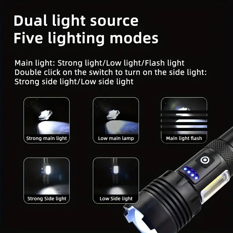 Cross-border explosive white laser with side light COB strong light flashlight zoom with output outdoor multi-function flashlight