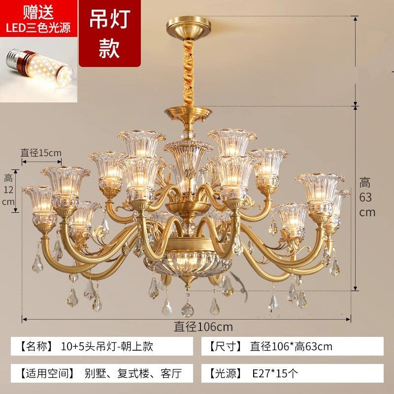 European crystal all-copper chandelier villa atmosphere living room dining room light duplex floor room American lighting light luxury chandelier