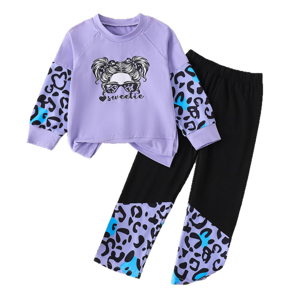 girls' purple long-sleeve top and leopard print color block cartoon print pants two-piece set for autumn
