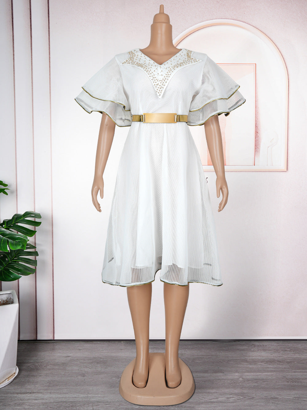 Fashion cross-border export african women's clothing plus sizev neck hip skirt  high waist bubble bead dress comes with belt