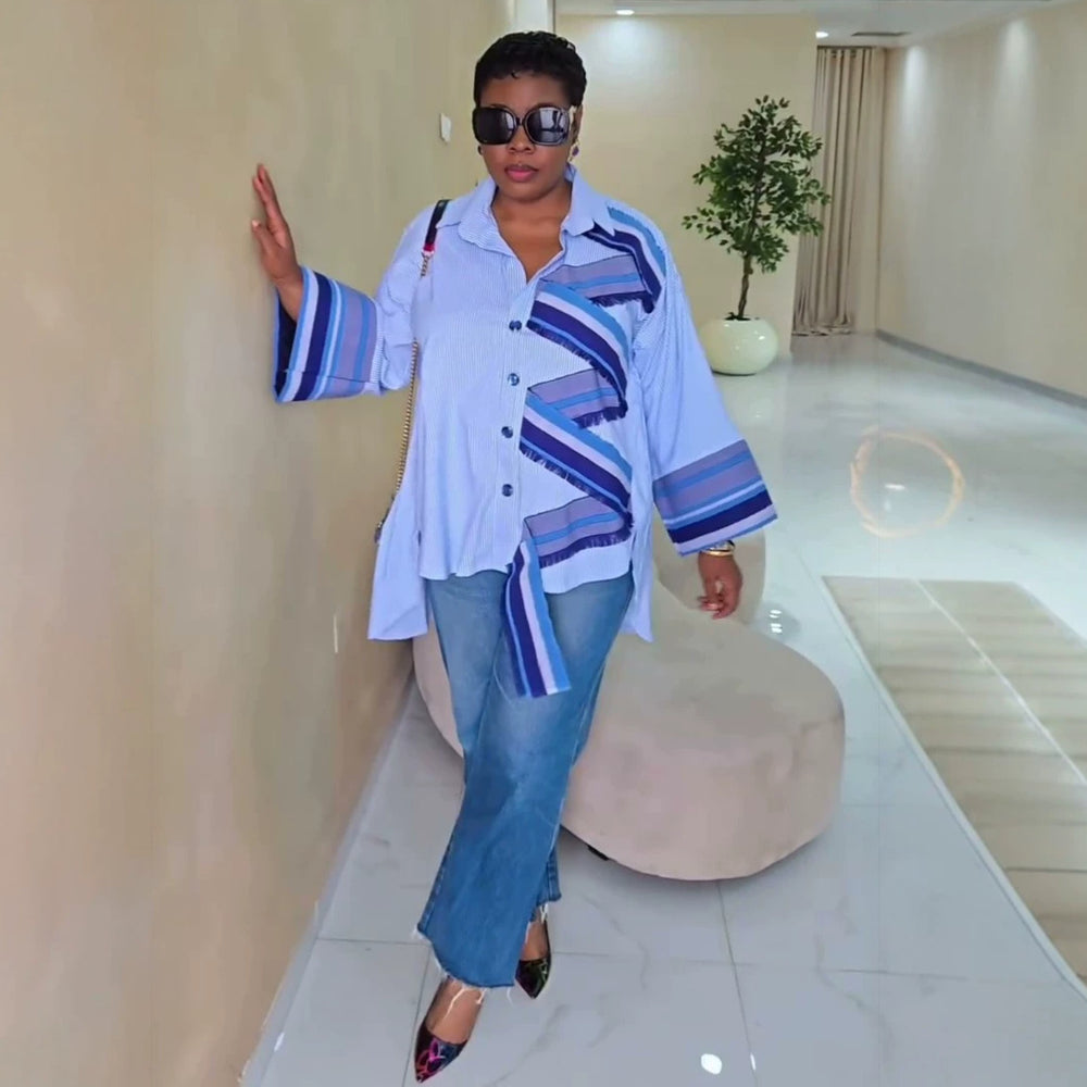 European and american cross-border women's clothing  summer new arrival: african-style plus size fashionable loose design striped shirt top