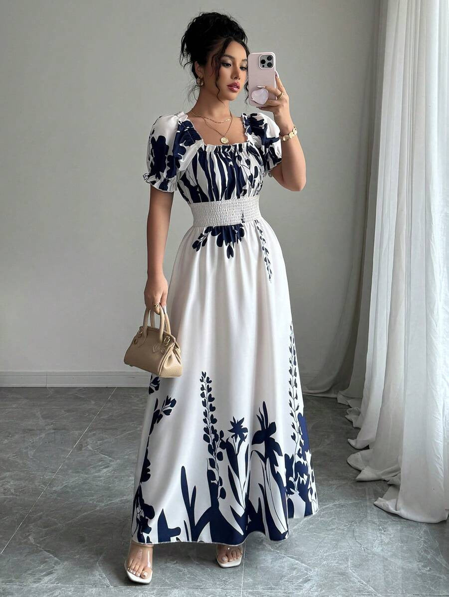summer  fashion new arrival puff sleeve high waist waist printing women's large swing suspender dress