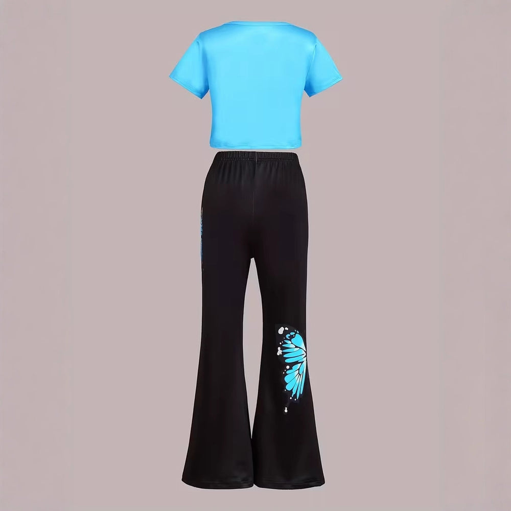 wholesale girls' flared pants set, a fashionable spring, summer, and autumn outfit for girls, featuring a short-sleeved top and long flared pants, perfect for going out