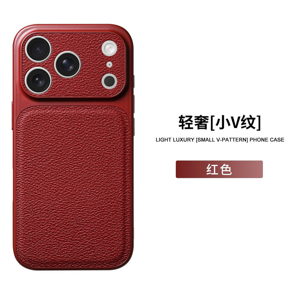 17promax small v pattern lychee pattern suitable for apple 16 seconds to 17 large window anti-fall mobile phone case 15 plain leather case