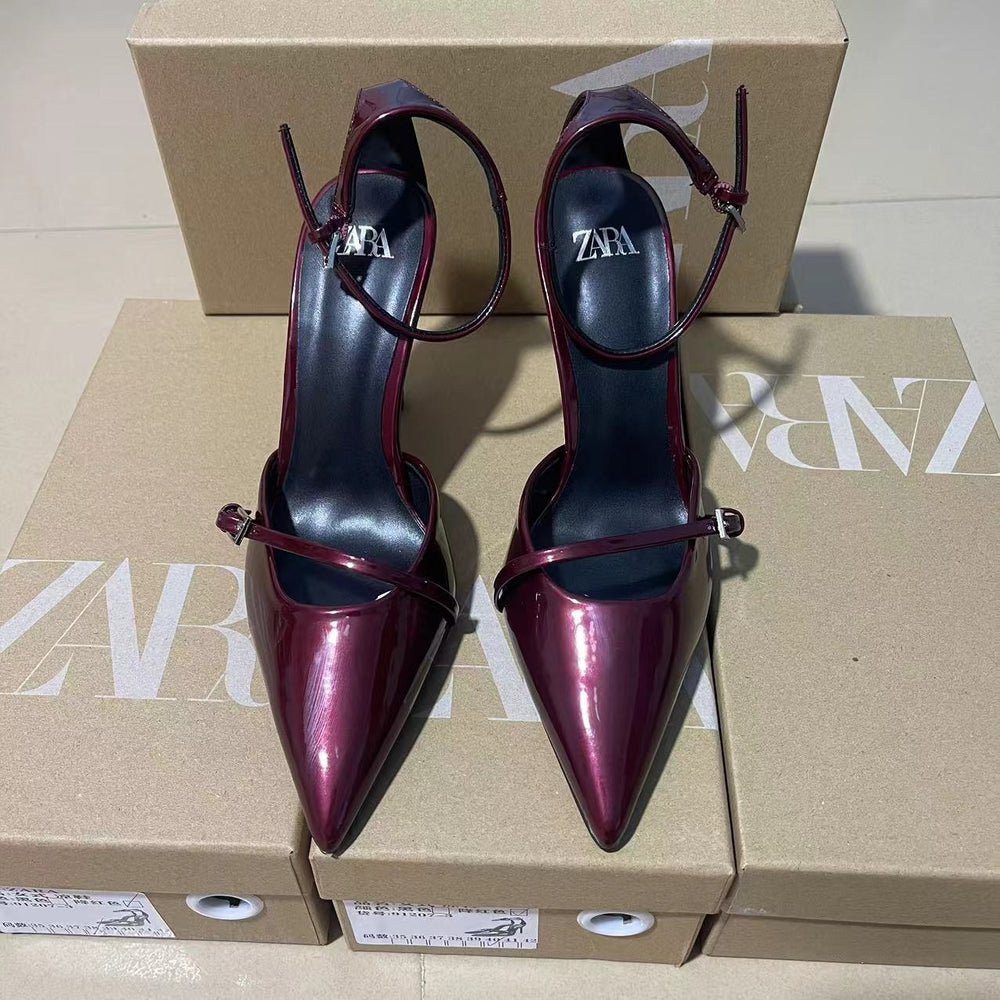 Zaautum new products 2024 pointed toe shoes women's patent leather stiletto wine red women's shoes high heels buckle shallow mouth hollow sandals