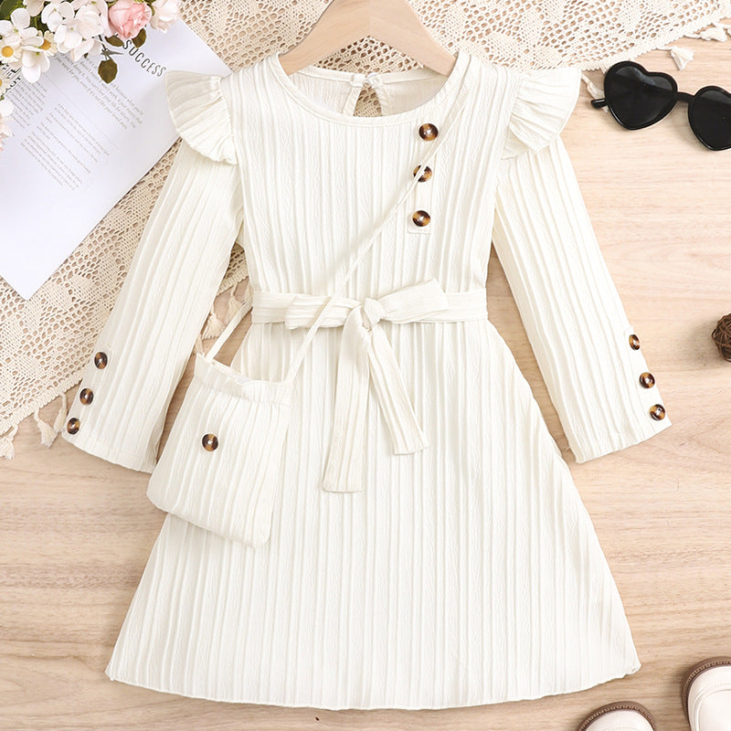 New girls' white long-sleeve dress with lace trim, chanel-inspired waist detail, striped design, and matching crossbody bag - perfect for autumn