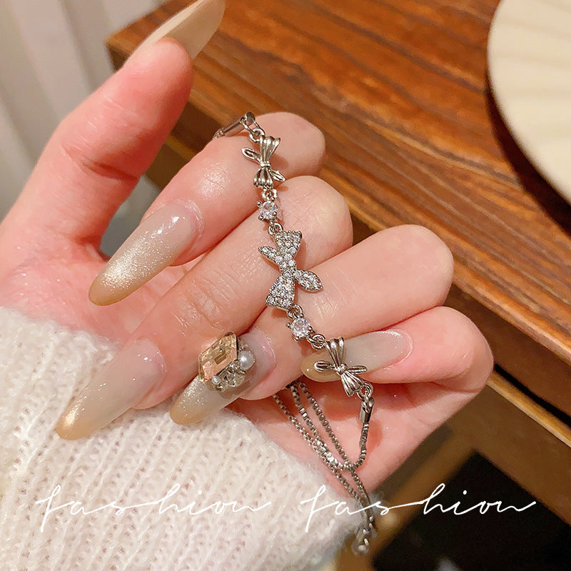 Super fairy micro-embedded zircon bows bracelet for women classy sense of accessible luxury crystal bracelet best selling exquisite pull-out hand jewelry