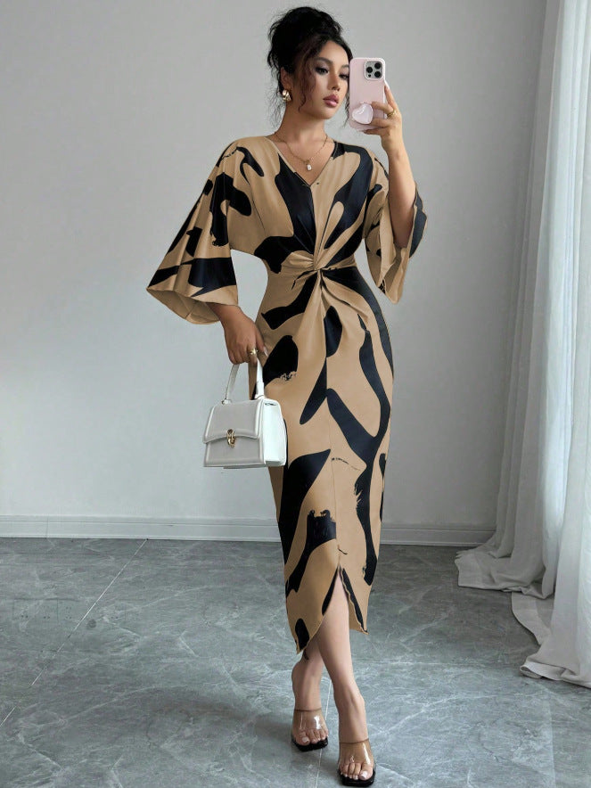 independent station spring and summer new arrivals: cross-border european and american women's clothing - all-over print fashion tie-up dress