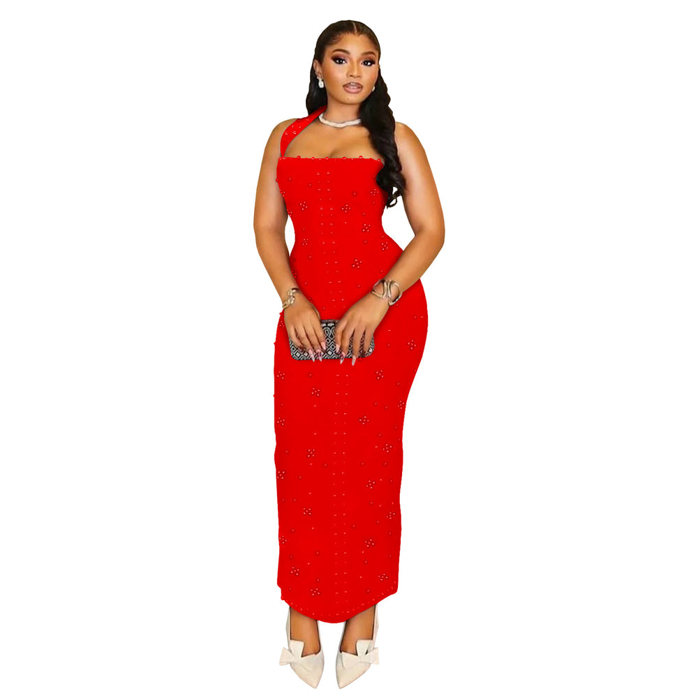C7480 cross-border   fashion women's halter neck rhinestone beaded bodycon mini dress