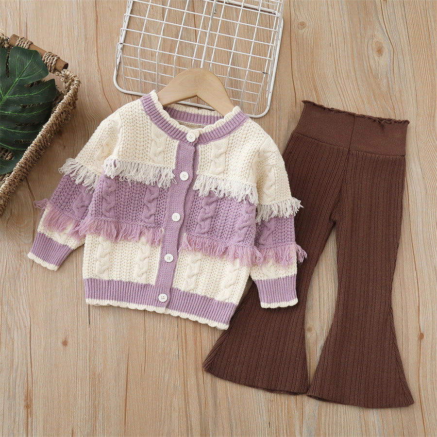 Girls' knit sweater and pants set - new autumn/winter  collection - handmade floral detail, cardigan sweater and pants outfit for little girls