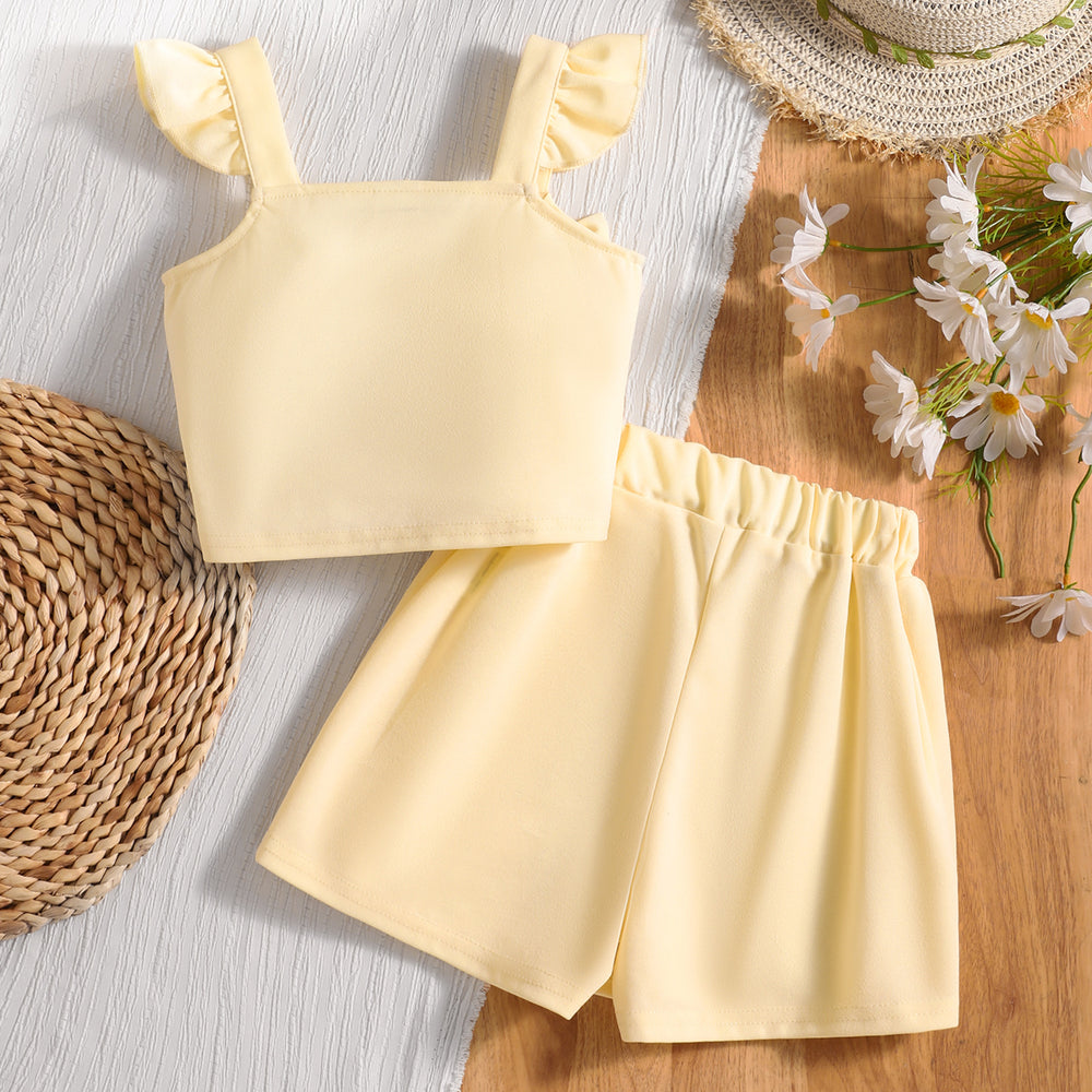 Girls' two-piece set: bow-embellished flutter sleeve top + solid color shorts