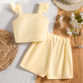 Girls' two-piece set: bow-embellished flutter sleeve top + solid color shorts