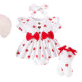spring newborn infant round neck flutter sleeve heart print bowknot bodysuit, headband, and socks three-piece set