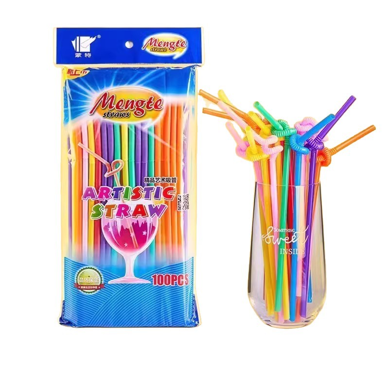 Disposable art straws individually packaged food grade colorful plastic straws hand-bent beverage straws bagged