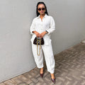 European and american women's clothing  autumn new collection: sweet and fresh striped turn-down collar long-sleeve shirt and high-waisted cropped pants two-piece set