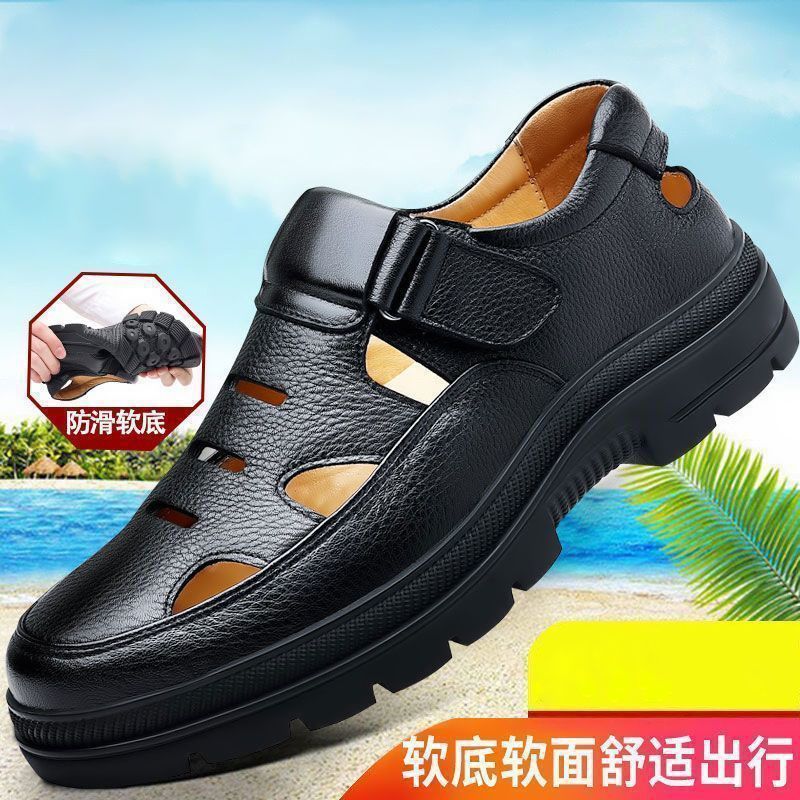 Special big salemen leather shoes summer new chinoiserie lightweight soft bottom crocs shoes breathable cut out men's shoes men sandals