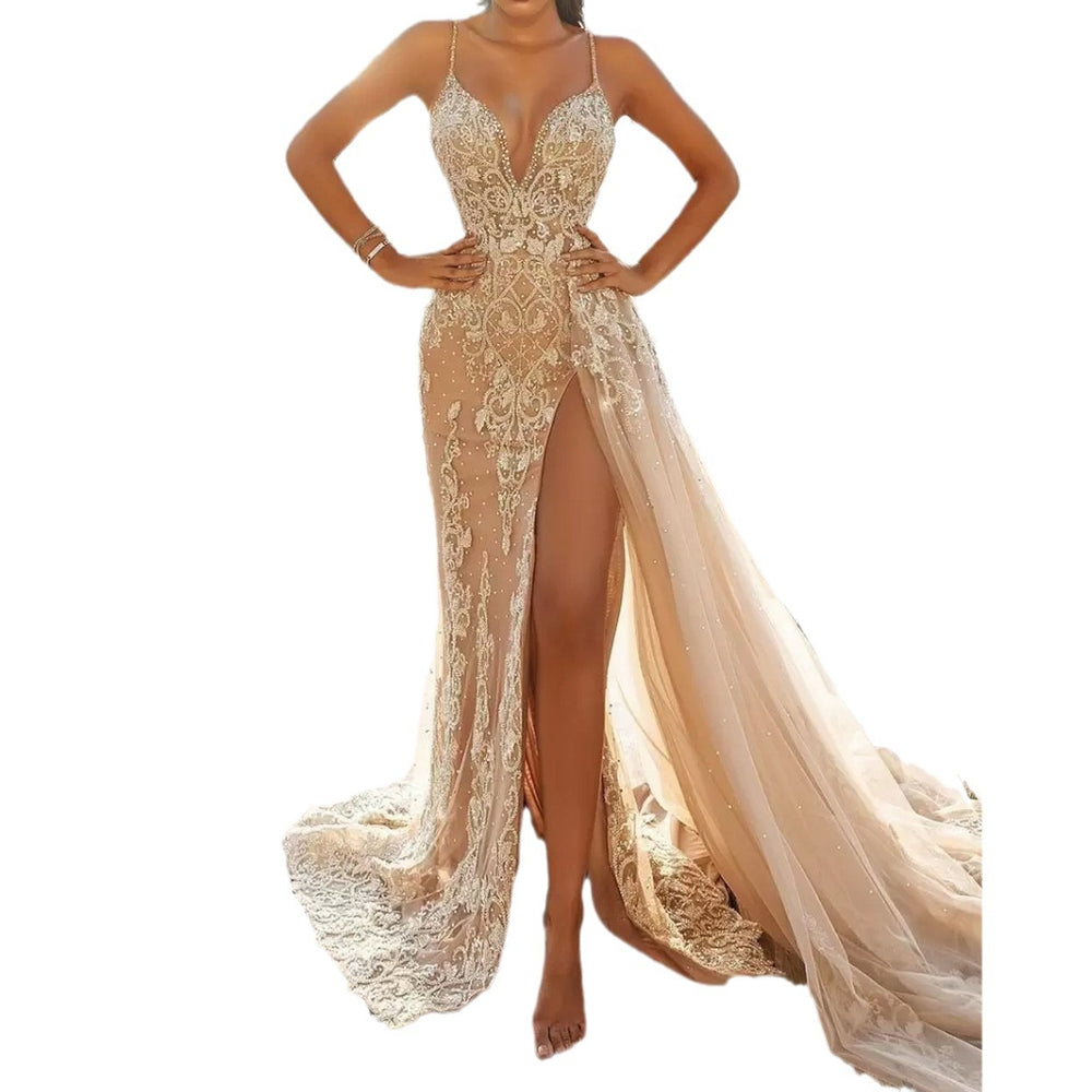 summer new european and american style sexy camisole dress - sleeveless v-neck slit lace cutout maxi dress