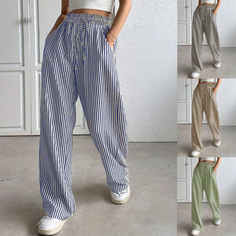 2025 european and american cross-border amazon new striped wide-leg pants drawstring pocket casual trousers straight-leg women's pants