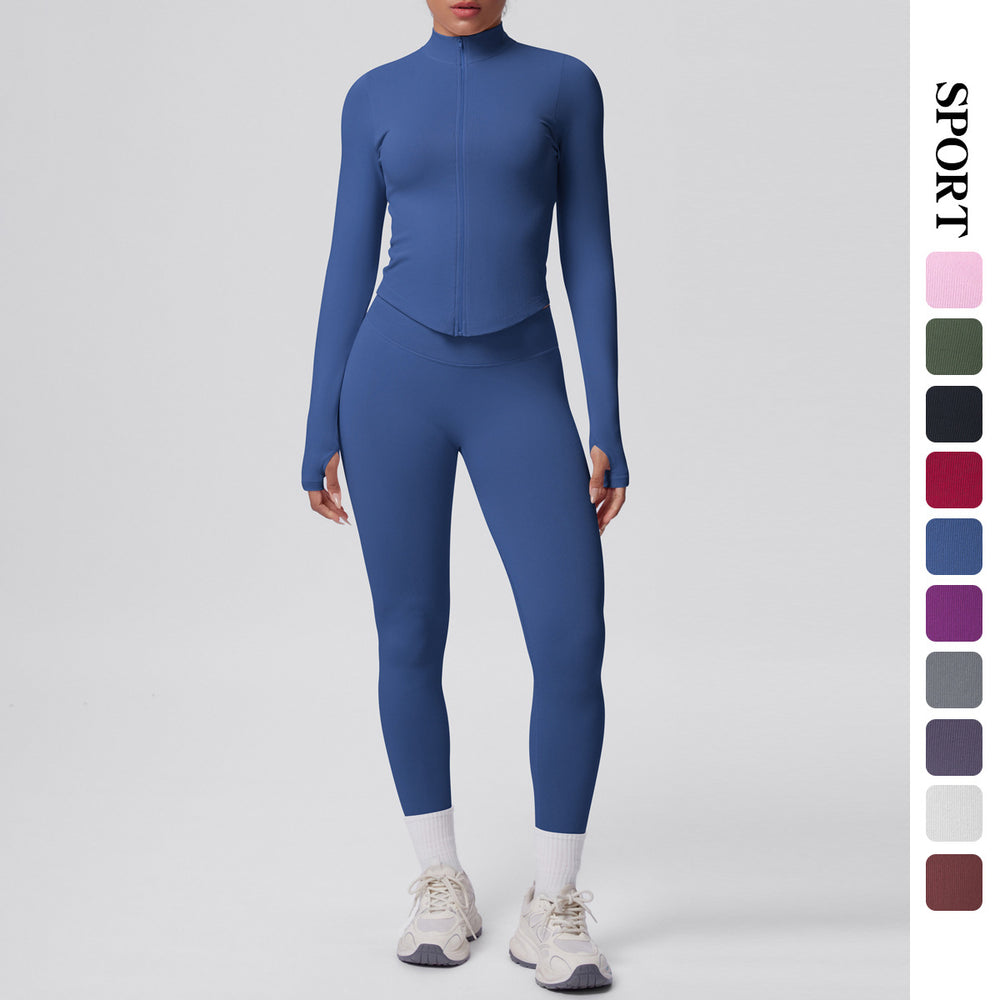 High-waisted, butt-lifting, form-fitting yoga set. solid color, seamless, stand-up collar, longline activewear. perfect for outdoor running and fitness