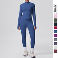 High-waisted, butt-lifting, form-fitting yoga set. solid color, seamless, stand-up collar, longline activewear. perfect for outdoor running and fitness