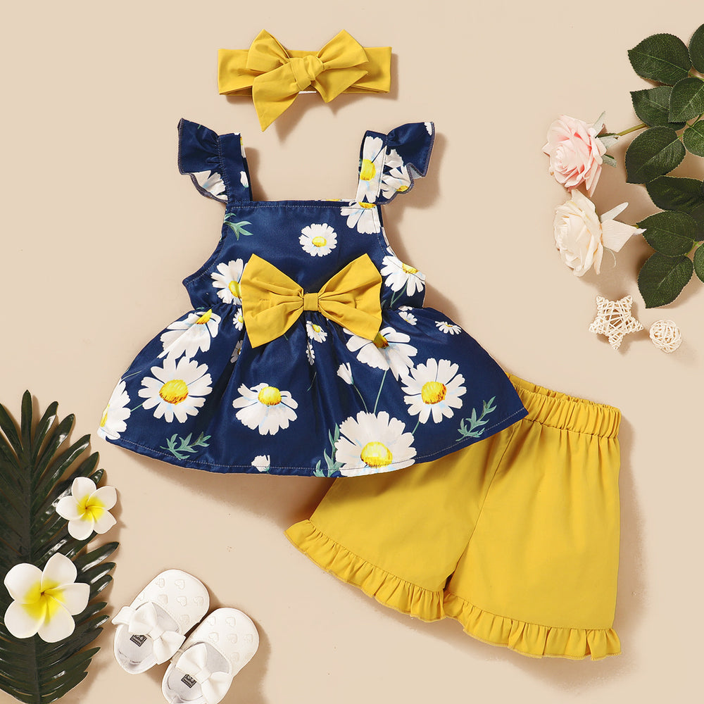 Baby girl summer outfit set: new european and american style, hot-selling sleeveless printed top + solid color lace-trimmed shorts with headband