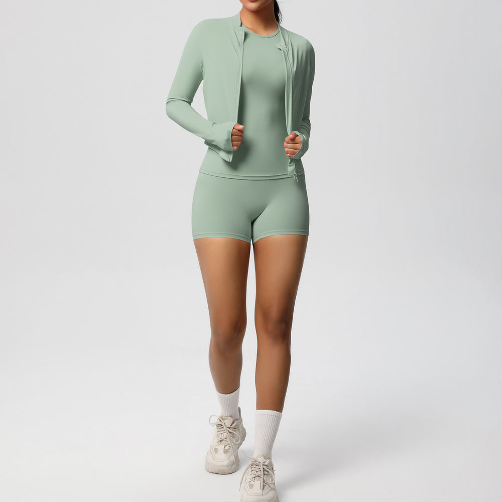 new breathable brushed fleece long-sleeve workout set - solid color three-piece gym outfit for women