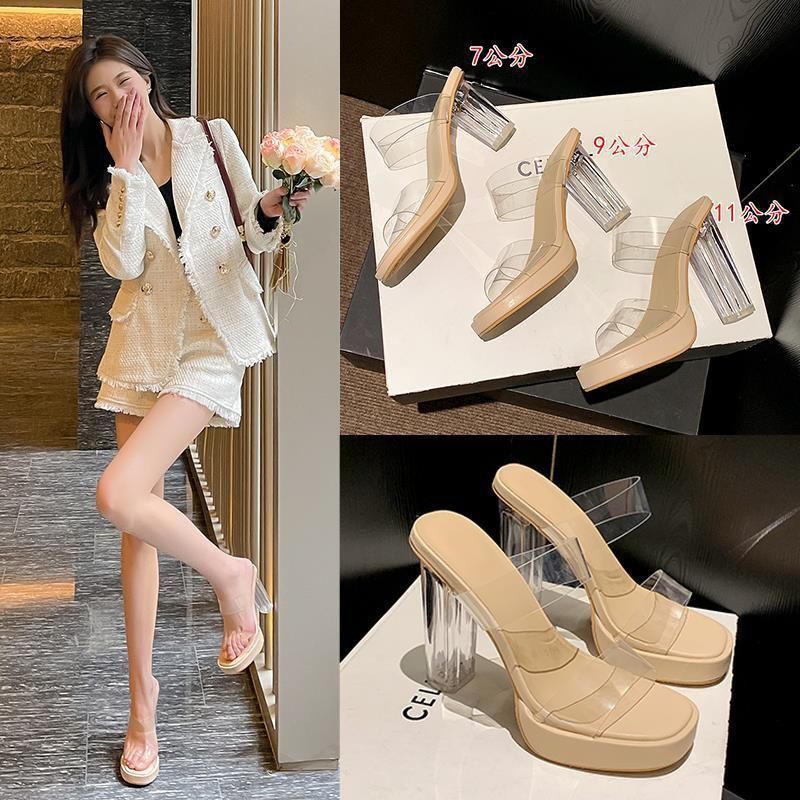 High heels for women 2024 summernew arrivalwaterproof platform one strap non-tiring feet thick heel crystal slippers women's sandals women's shoes