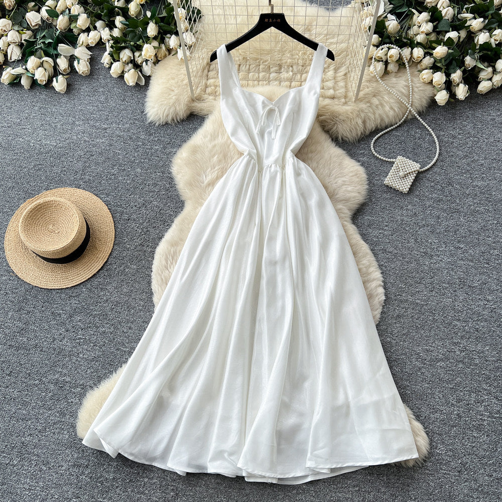 fashionexport suspender dress for women summer waist-cinching casual long skirt pure color suspender banquet dress