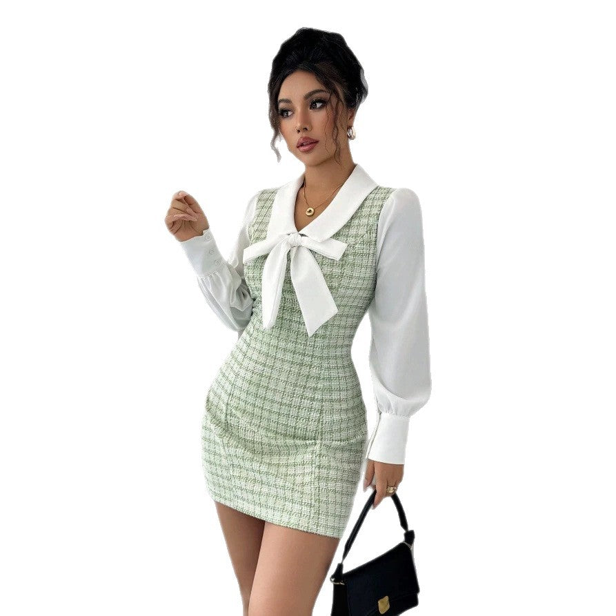 fall/winter new korean style petite short sleeve tie-waist slim fit bodycon plaid mermaid dress