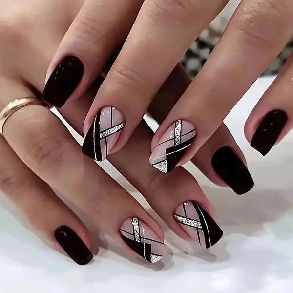 European square medium and long black glitter line manicure fashion spice girl fake nails European and American ins style finished product