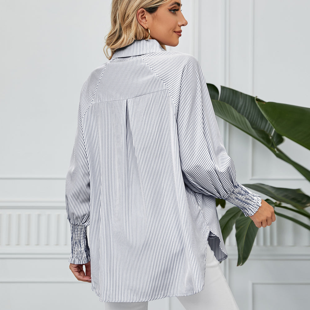european and american women's clothing cross-border trade independent station  new arrival ruched cuff loose striped shirt top