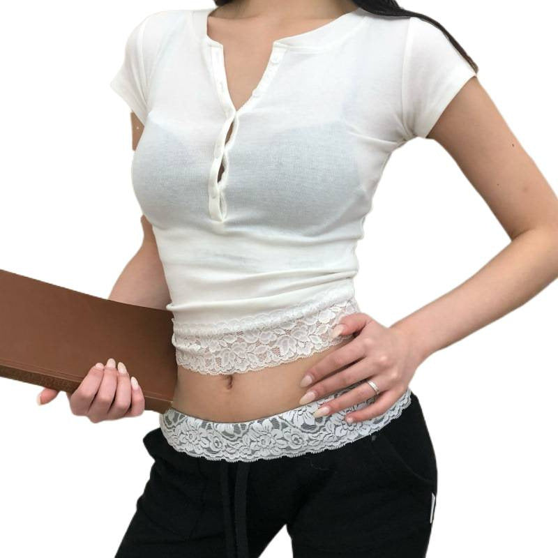 European and american women's clothing  summer new fashion versatile sheer single-breasted slim-fit elegant lace trim cropped top