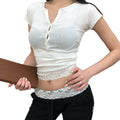 European and american women's clothing  summer new fashion versatile sheer single-breasted slim-fit elegant lace trim cropped top