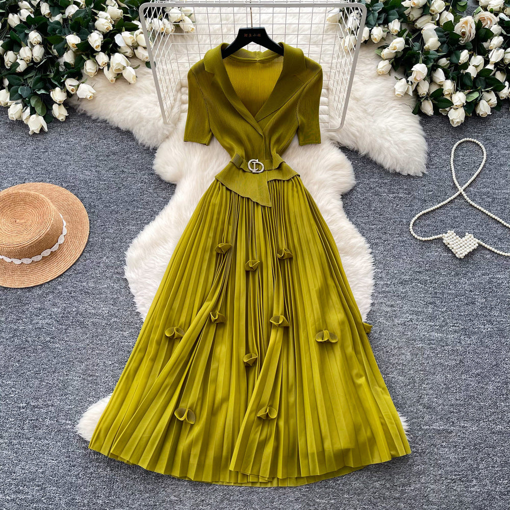 Lightly mature elegance style elastic suit collar dress female summerk-style waist slimming lookpleated long skirt work clothingelegant