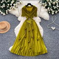 Lightly mature elegance style elastic suit collar dress female summerk-style waist slimming lookpleated long skirt work clothingelegant