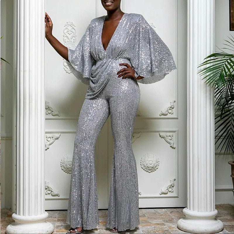 european and american new women's fashion: sequin sexy deep v backless jumpsuit pants - direct sales for  &