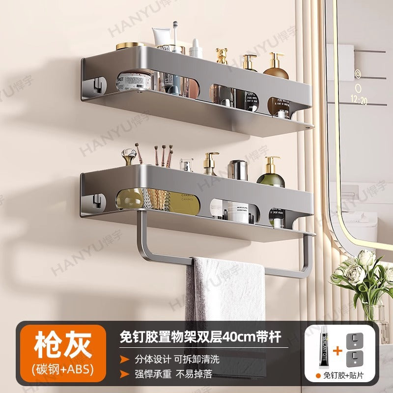 No punching, toilet rack, bathroom shelf, toilet, toilet, toiletries, wall hanging, wall storage rack