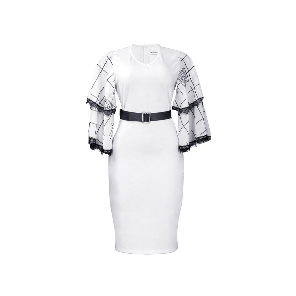 D301 cross-border women's fashion  new v-neck flared sleeve bodycon pencil skirt - office commute style, european & american dress
