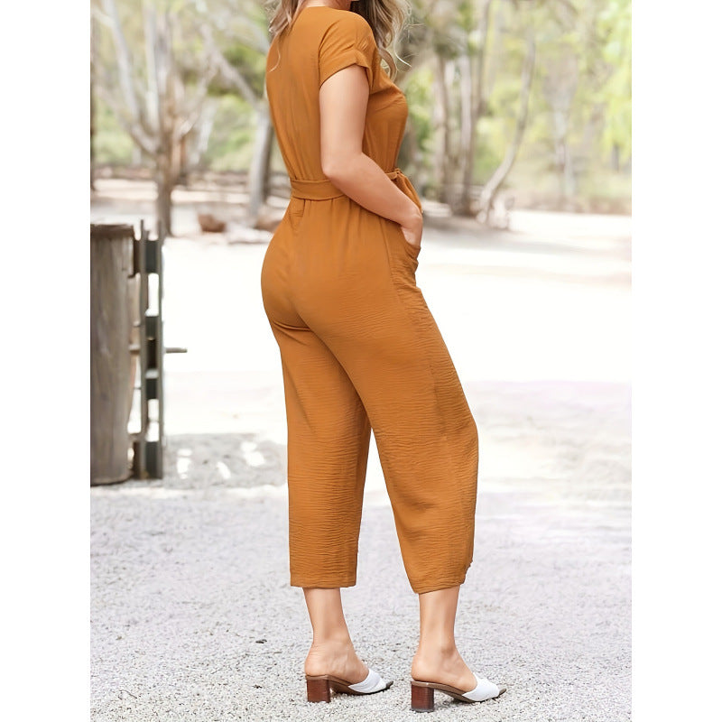 Aliexpress cross-border new women's short-sleeve loose fit slimming wide-leg jumpsuit
