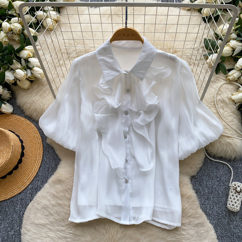 French court style breathable ruffle blouse - women's short sleeve lantern sleeve single-breasted satin-like commute top