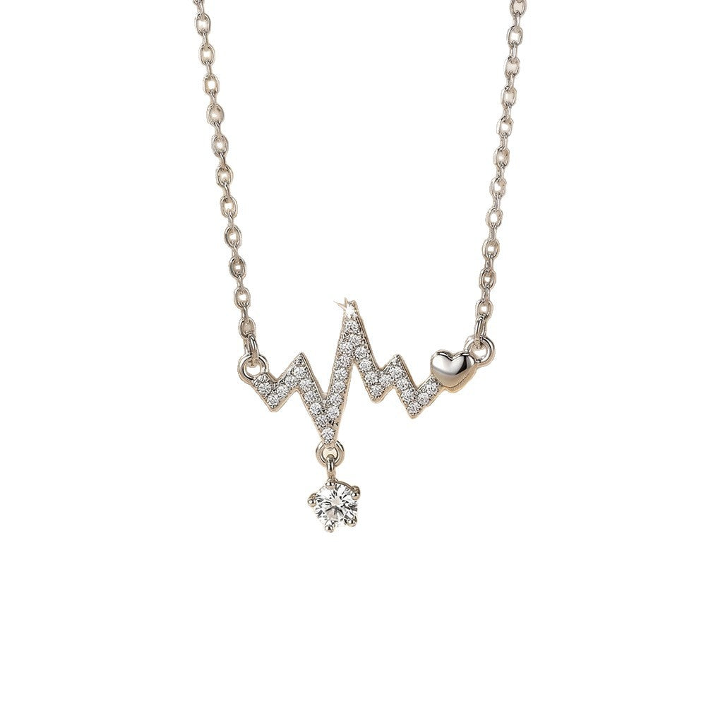 Japanese and korean popular copper inlaid zirconium full diamond electrocardiogram necklace for women accessible luxuryniche stylefashionelegant titanium steel clavicle chain jewelry