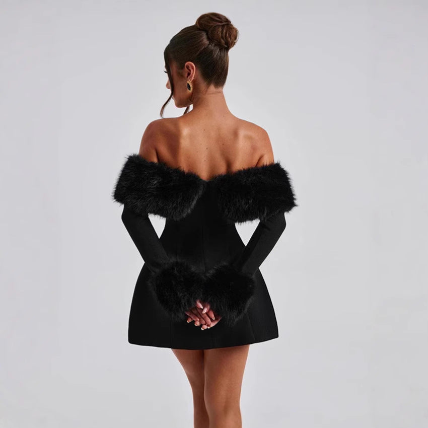 European and american  fall/winter new arrival: cross-border women's fashionable, elegant, and sexy shearling collar off-the-shoulder slim-fit a-line dress