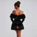 European and american  fall/winter new arrival: cross-border women's fashionable, elegant, and sexy shearling collar off-the-shoulder slim-fit a-line dress