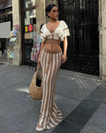Amazon source goods: new summer european and american style women's sexy v-neck hollow-out striped knitted maxi dress set