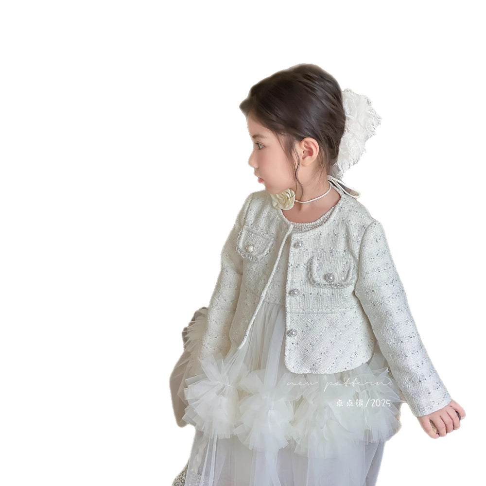 Girls' outfit set:  autumn new arrival - chic chanel-inspired dress with woolen coat and tulle vest dress