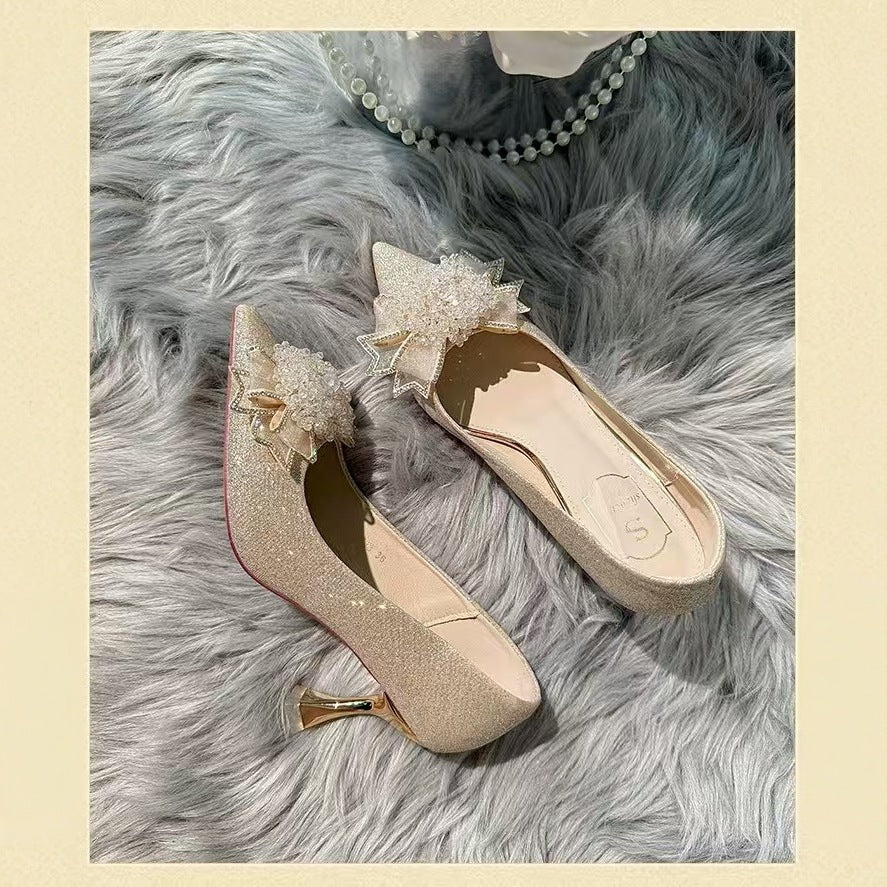2025 french rhinestone pearl flower comfortable heel bridal wedding shoes for women