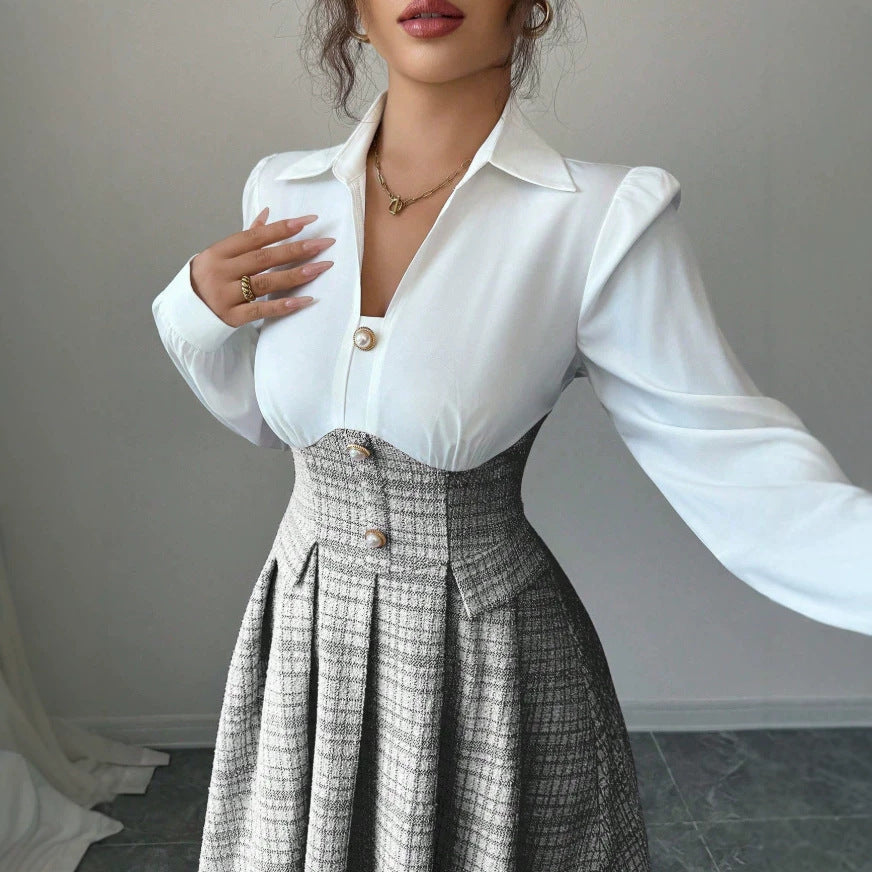 Fashion cross-border  accessible luxury thick flower patchwork short skirt pure white lapel long sleevestopsmatching light gray dress