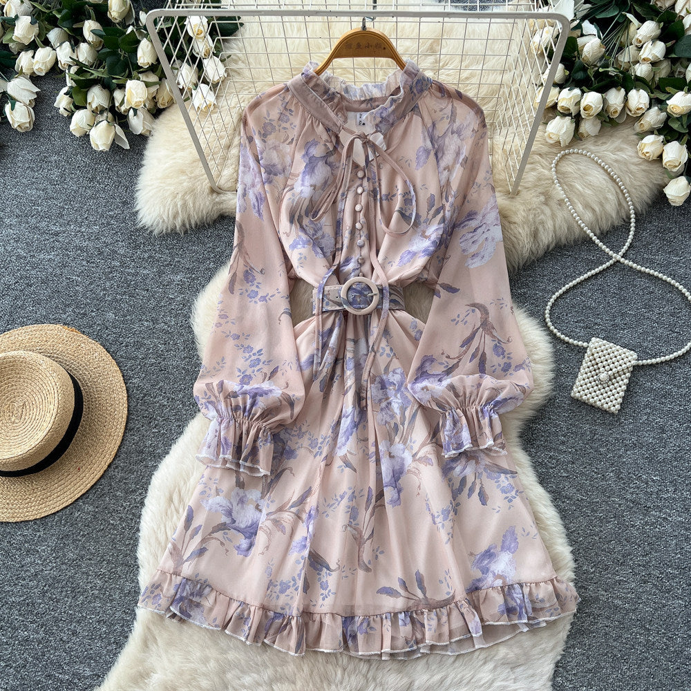 French print midi dress - women's summer long sleeve slim fit a-line dress - workwear, elegant, vacation style