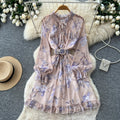 French print midi dress - women's summer long sleeve slim fit a-line dress - workwear, elegant, vacation style