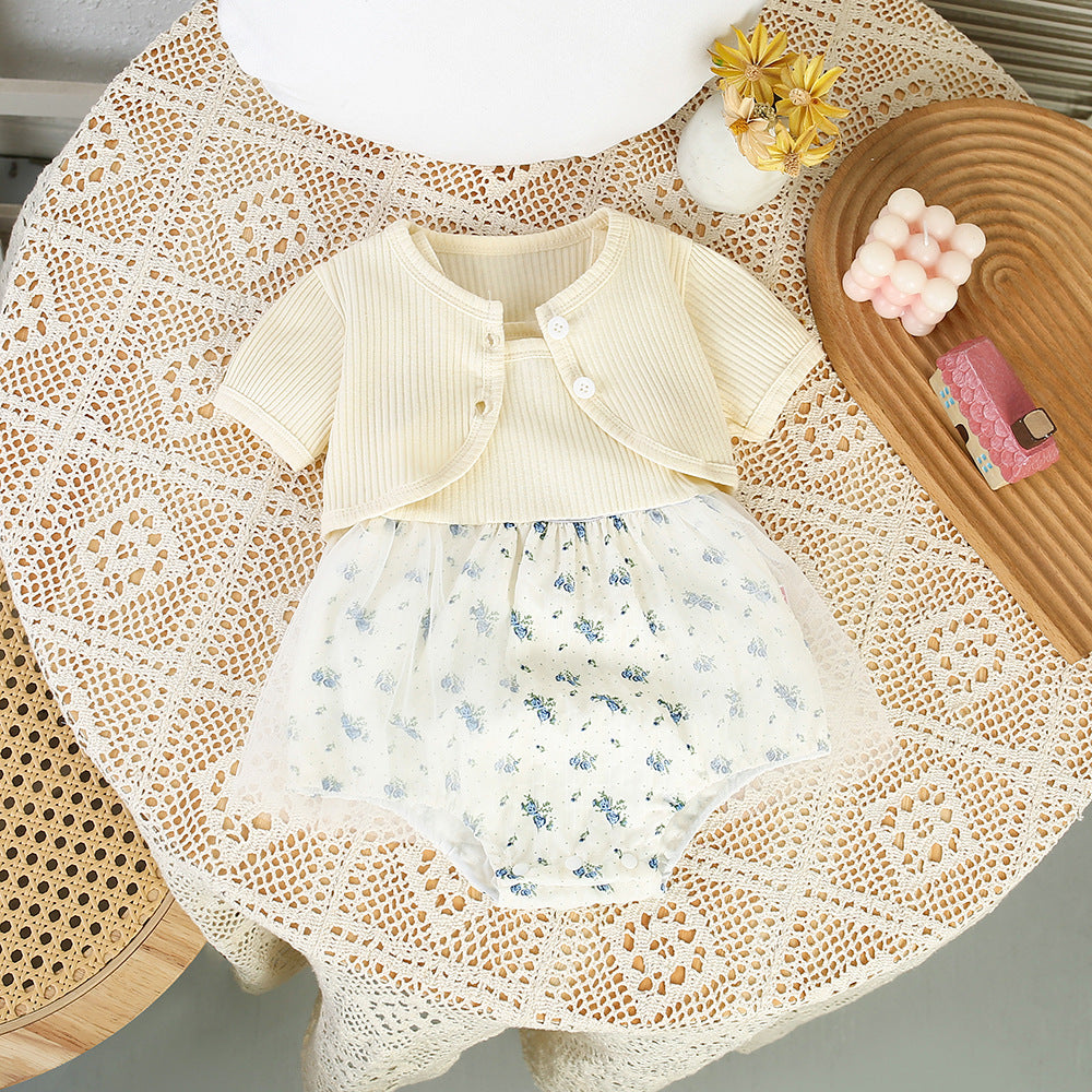 Baby girl summer floral patchwork romper with straps - sweet princess style infant outfit